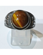 Bague Œil de Tigre Type Chevalière Nœud Celtique Acier Inox