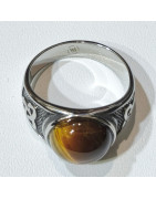 Bague Œil de Tigre Type Chevalière Nœud Celtique Acier Inox