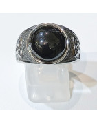 Bague Onyx Cabochon Type Chevalière Nœud Celtique Acier Inox