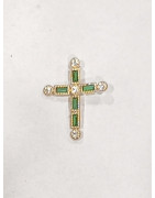 Pendentif Emeraude de Synthèse et Zirconium Croix Plaqué Or