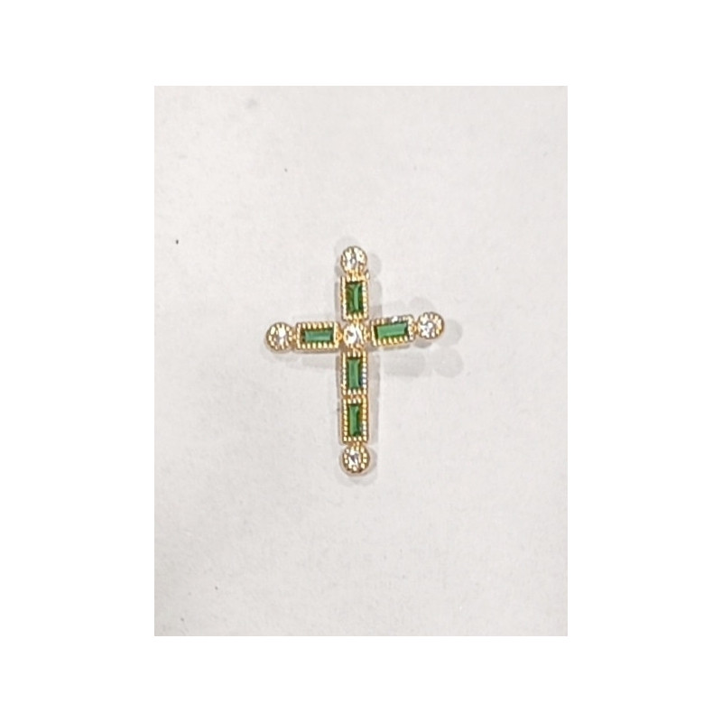 Pendentif Emeraude de Synthèse et Zirconium Croix Plaqué Or