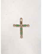 Pendentif Emeraude de Synthèse et Zirconium Croix Plaqué Or
