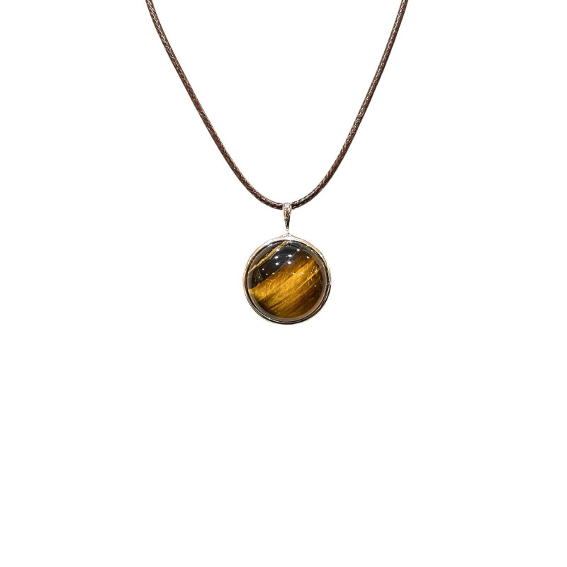 Pendentif Œil de Tigre Rond 2cm de Diamètre Argent 925 sur Cordon Réglable