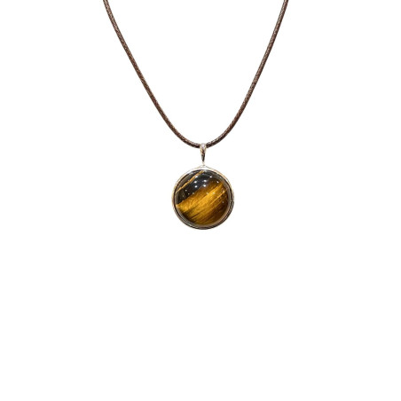 Pendentif Œil de Tigre Rond 2cm de Diamètre Argent 925 sur Cordon Réglable