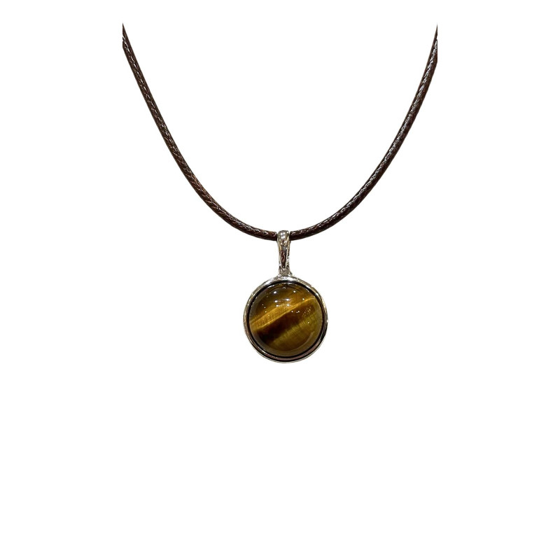 Pendentif Œil de Tigre Rond 1cm de Diamètre sur Cordon Réglable