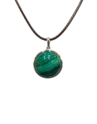 Pendentif Malachite Rond 2cm de Diamètre Argent 925 sur Cordon Réglable