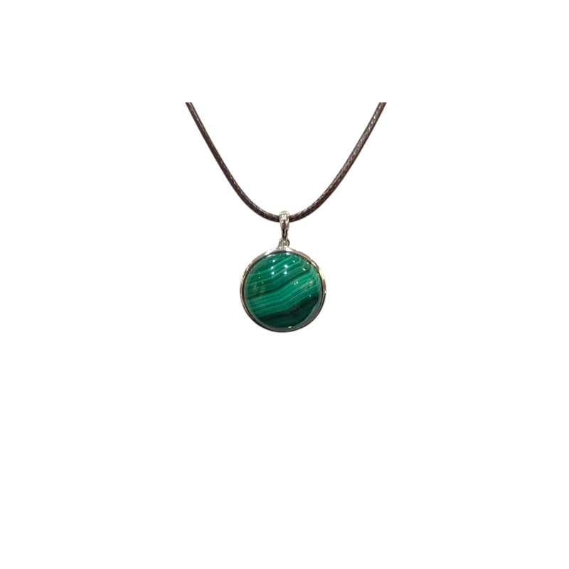 Pendentif Malachite Rond 2cm de Diamètre Argent 925 sur Cordon Réglable