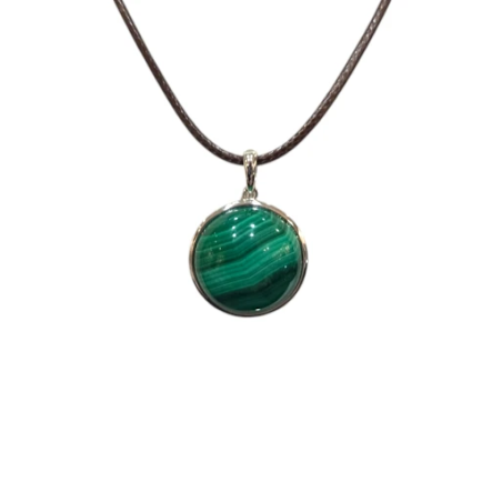 Pendentif Malachite Rond 2cm de Diamètre Argent 925 sur Cordon Réglable