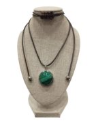 Pendentif Malachite Rond 2cm de Diamètre Argent 925 sur Cordon Réglable