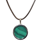 Pendentif Malachite Rond 2cm de Diamètre Argent 925 sur Cordon Réglable