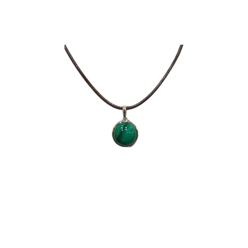 Pendentif Malachite Rond 1cm de Diamètre Argent 925 sur Cordon Réglable