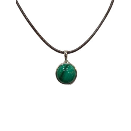 Pendentif Malachite Rond 1cm de Diamètre Argent 925 sur Cordon Réglable