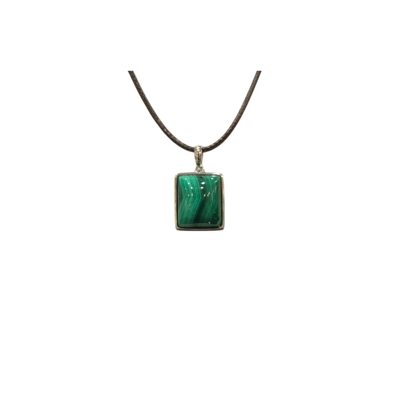 Pendentif Malachite Rectangulaire Argent 925 sur Cordon Réglable