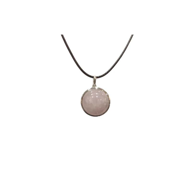 Pendentif Quartz Rose Rond 2cm de Diamètre Argent 925 sur Cordon Réglable