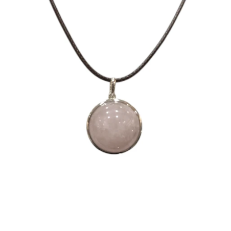 Pendentif Quartz Rose Rond 2cm de Diamètre Argent 925 sur Cordon Réglable