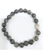 Bracelet Larvikite avec Tête de Bouddha Pierre Rondes 8mm