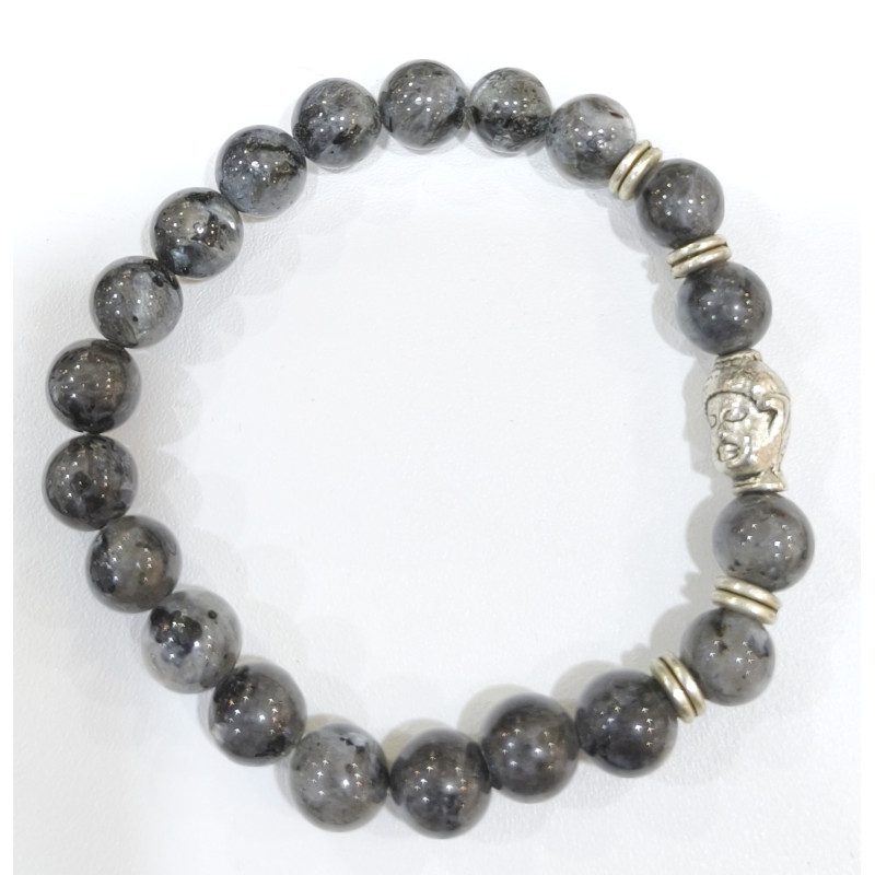 Bracelet Larvikite avec Tête de Bouddha Pierre Rondes 8mm