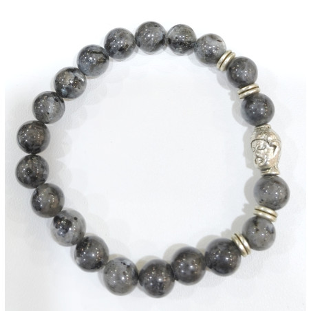 Bracelet Larvikite avec Tête de Bouddha Pierre Rondes 8mm