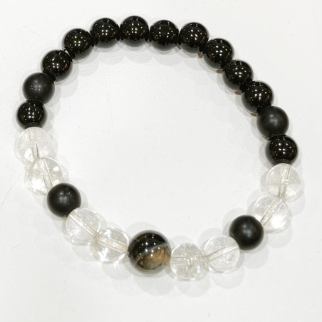 Bracelet Onyx Cristal de Roche et Onyx Mat Pierres rondes 8mm