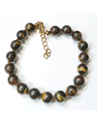 Bracelet Œil de Fer Avec Fermoir Doré Pierre Rondes 8mm 17 + 6 cm