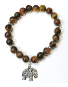 Bracelet Œil de Tigre avec Inserts et Breloque Eléphant Pierres Rondes 8mm