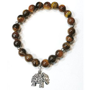 Bracelet Œil de Tigre avec Inserts et Breloque Eléphant Pierres Rondes 8mm