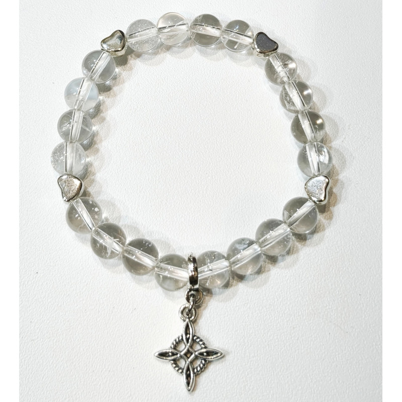 Bracelet Cristal de Roche avec Inserts et Breloque Nœud de Sorcière Pierres Rondes 8mm