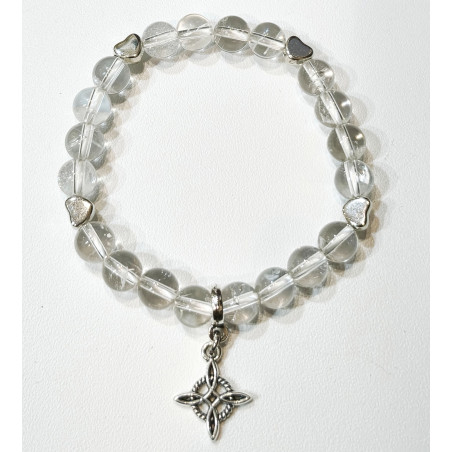 Bracelet Cristal de Roche avec Inserts et Breloque Nœud de Sorcière Pierres Rondes 8mm
