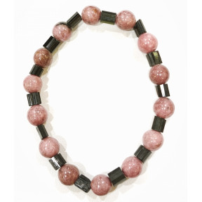 Bracelet Rhodochrosite Pierres Rondes 8mm et Tourmaline Cylindrique Striée