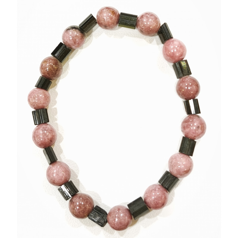 Bracelet Rhodochrosite Pierres Rondes 8mm et Tourmaline Cylindrique Striée
