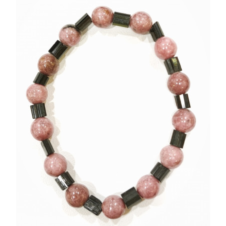 Bracelet Rhodochrosite Pierres Rondes 8mm et Tourmaline Cylindrique Striée
