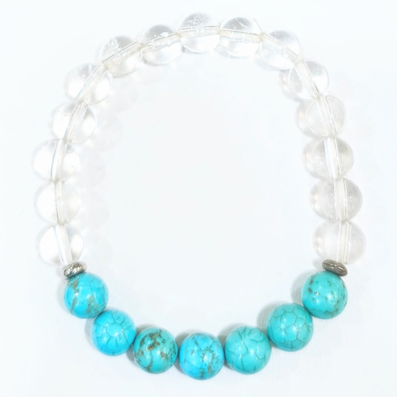 Bracelet Turquoise et Cristal de Roche Pierres Rondes 8mm