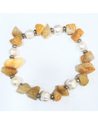 Bracelet Jade Miel Pierres Roulées et Perles d'Eau Douce