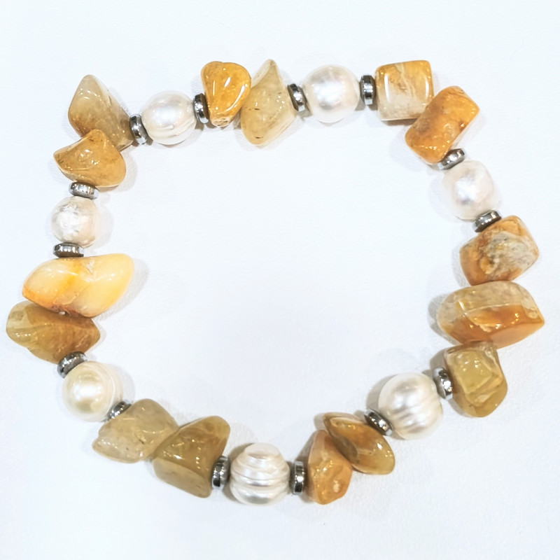 Bracelet Jade Miel Pierres Roulées et Perles d'Eau Douce