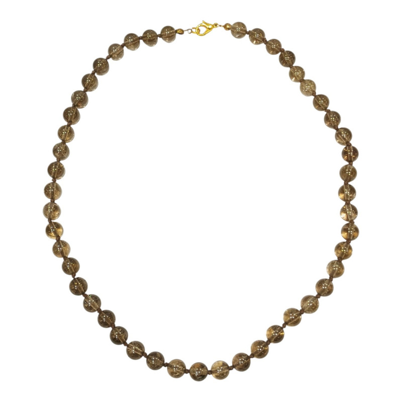 Collier Quartz Fumé 47 Pierres Rondes 8mm Fermoir Doré 47 cm