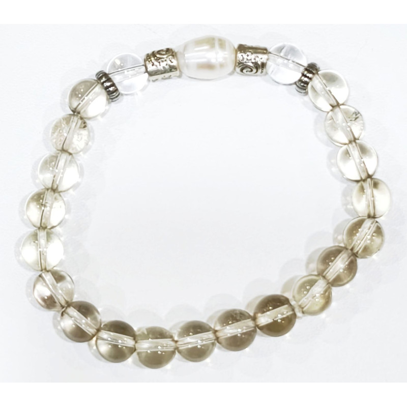 Bracelet Quartz Fumé et Perle avec Inserts Pierres Rondes 8mm
