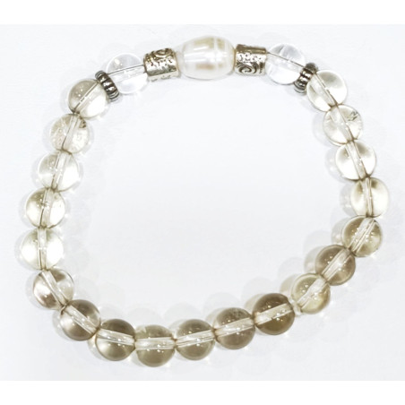 Bracelet Quartz Fumé et Perle avec Inserts Pierres Rondes 8mm