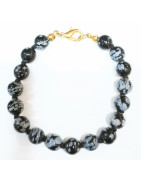Bracelet Obsidienne Neige Pierre Rondes avec Fermoir Doré
