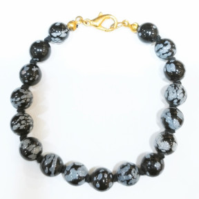 Bracelet Obsidienne Neige Pierre Rondes avec Fermoir Doré