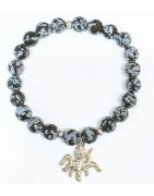 Bracelet Obsidienne Neige Breloque Pieuvre Pierre Rondes Facettées