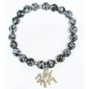 Bracelet Obsidienne Neige Breloque Pieuvre Pierre Rondes Facettées