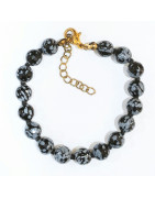Bracelet Obsidienne Neige Pierre Rondes Facettées avec Fermoir Doré
