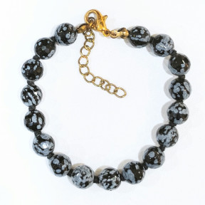 Bracelet Obsidienne Neige Pierre Rondes Facettées avec Fermoir Doré