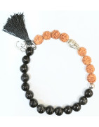 Bracelet Obsidienne et Œil de Rudraksha Tête de Bouddha et Om Pierres Rondes 8mm