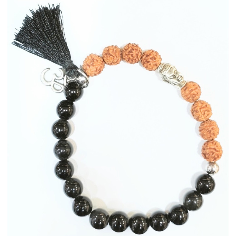 Bracelet Obsidienne et Œil de Rudraksha Tête de Bouddha et Om Pierres Rondes 8mm
