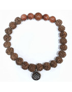 Bracelet Pierre de Soleil Reconstituée et Œil de Rudraksha avec Breloque Fleur de Lotus Pierres Rondes 8mm