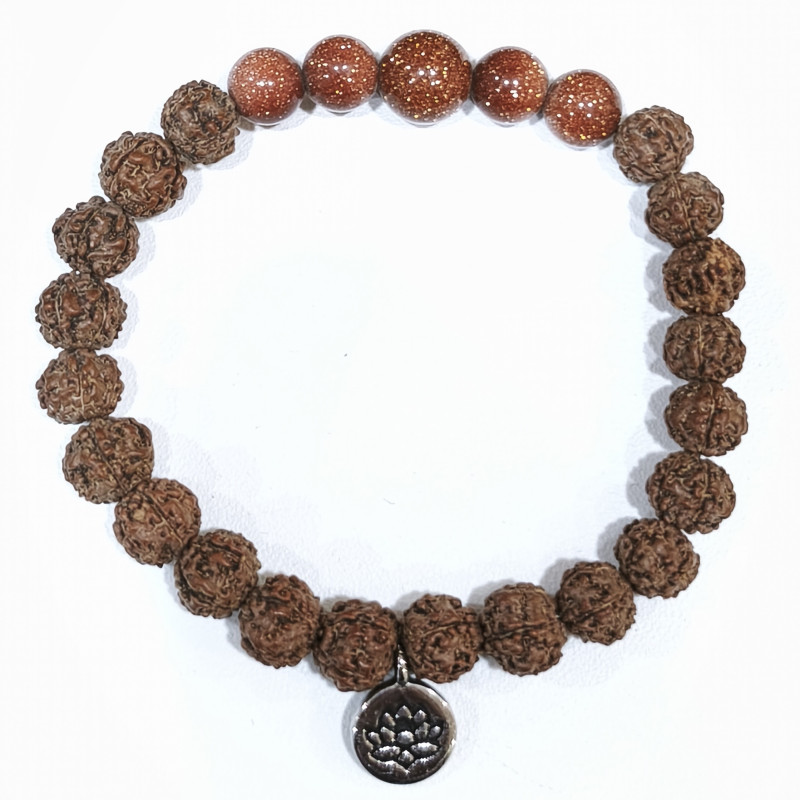 Bracelet Pierre de Soleil Reconstituée et Œil de Rudraksha avec Breloque Fleur de Lotus Pierres Rondes 8mm