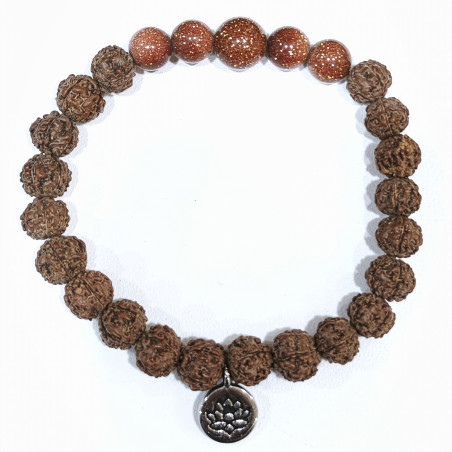 Bracelet Pierre de Soleil Reconstituée et Œil de Rudraksha avec Breloque Fleur de Lotus Pierres Rondes 8mm