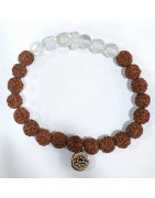 Bracelet Opaline et Œil de Rudraksha avec Breloque Fleur de Lotus Pierres Rondes 8mm