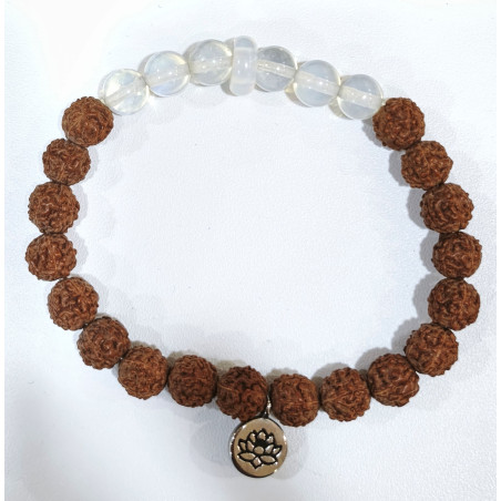 Bracelet Opaline et Œil de Rudraksha avec Breloque Fleur de Lotus Pierres Rondes 8mm